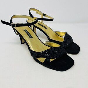 Caparros Womens Size 7.5B Frances Sequin Open Toe Dress Sandals Heels Black Silk